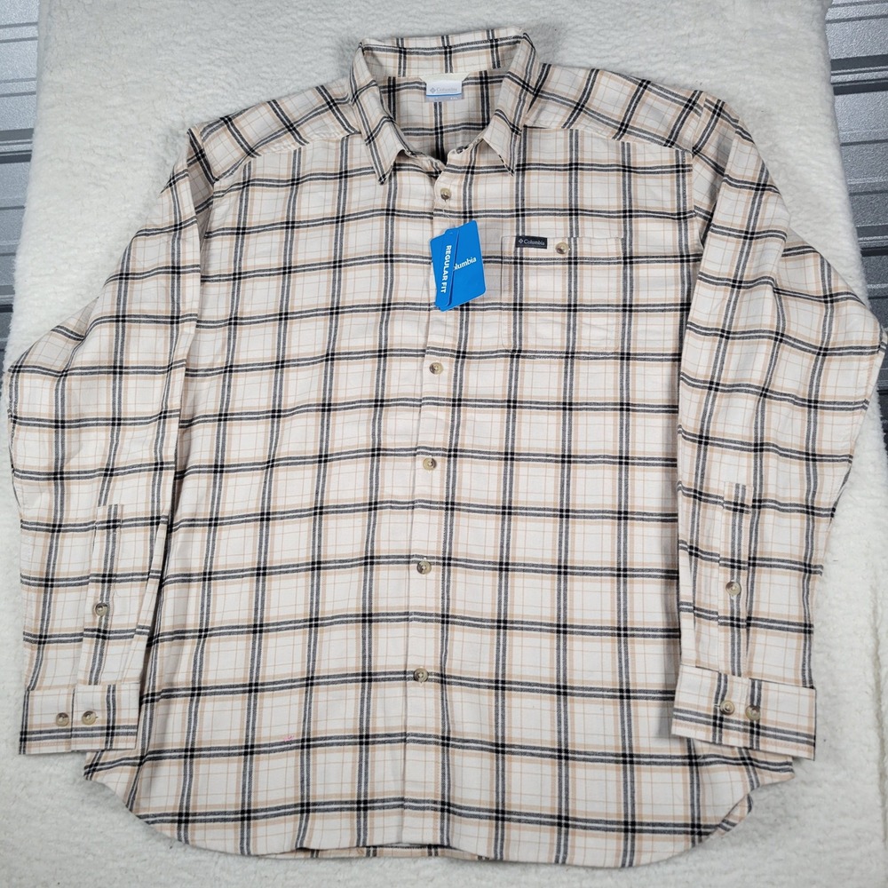 Columbia Cornell Woods Flannel Mens XXL Cream Tan Plaid Long Sleeve Button Shirt